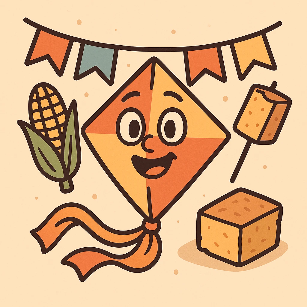 festa junina icon with a cheerful face, bunting, and traditional foods, flat icon style emoji