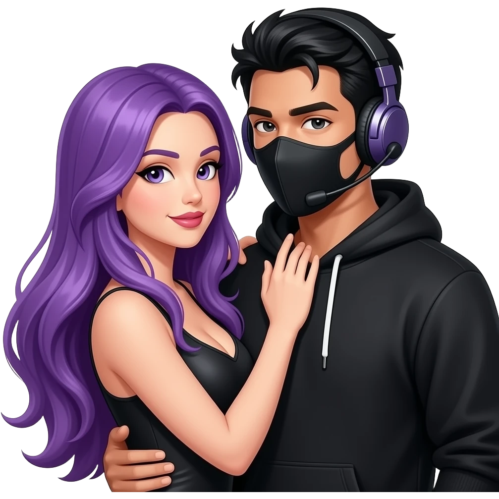 sexy girl with long purple hair and purple is flirting with an blackhaired attractive man in a black hoodie with a black mask and a headset emoji