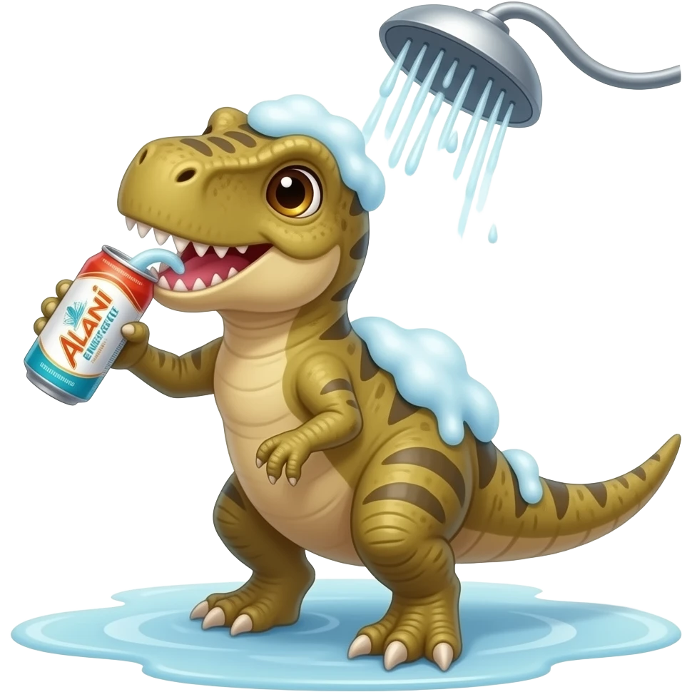 baby dinasour in the shower drinking alani energy drink emoji