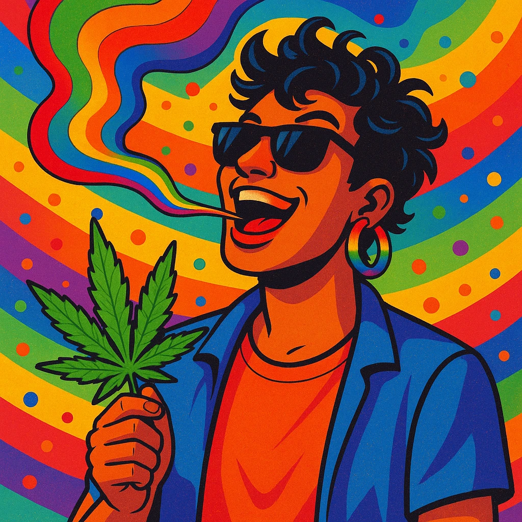A cool man with rainbow earrings, blowing smoke shaped like a rainbow, holding a weed leaf, energetic and fun, LGBTQ+ pride theme emoji