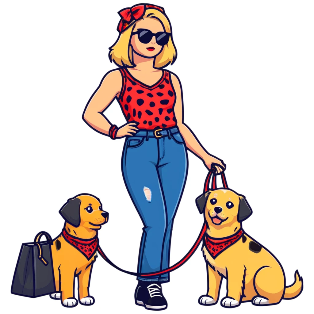 stylish woman in leopard print sleeveless top, flared jeans, sunglasses, black bag, squatting next to happy golden retriever with red bandana and blue leash, urban brick wall background, side angle emoji