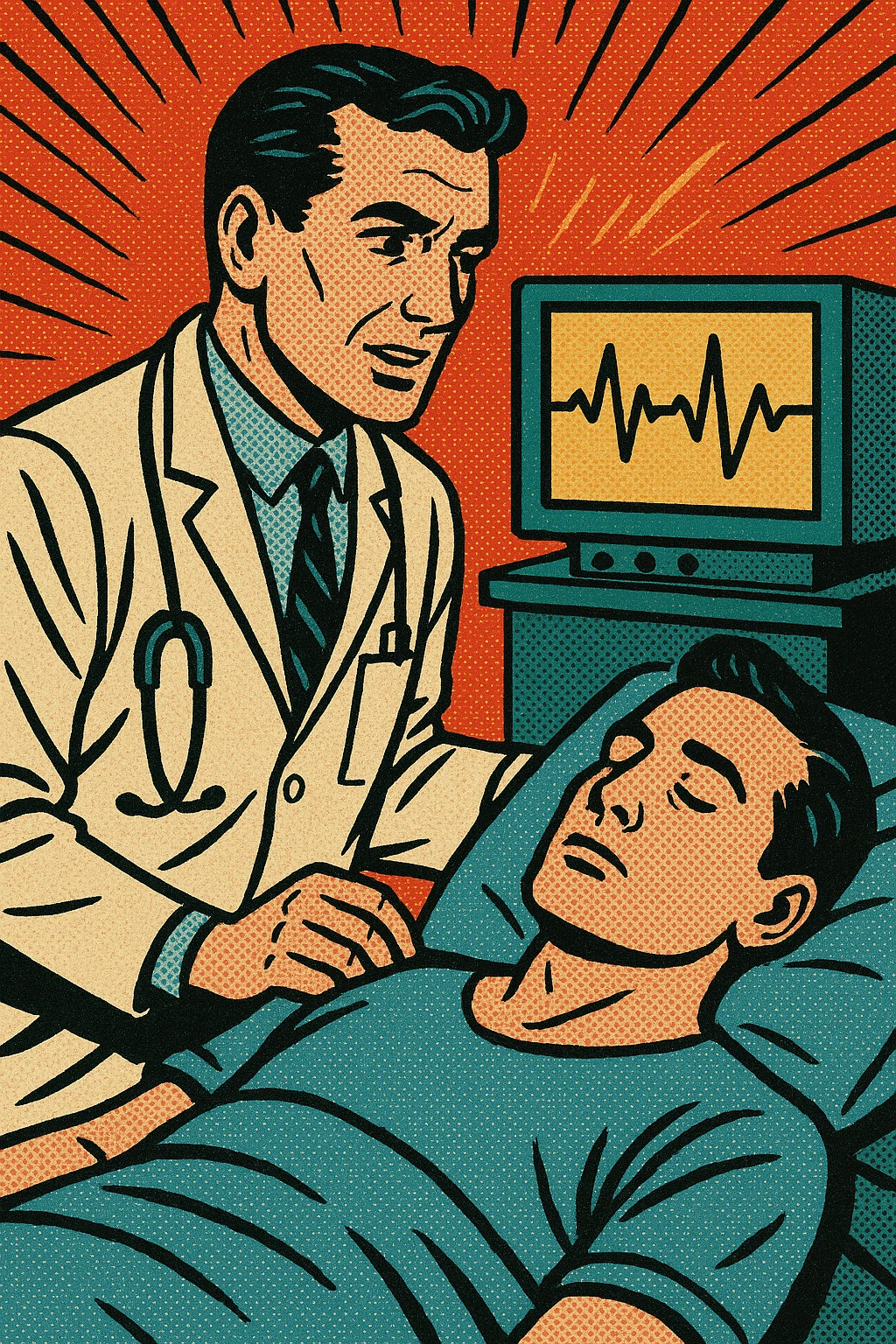 A doctor in a hospital standing in front of a heart rate monitor and a patient emoji