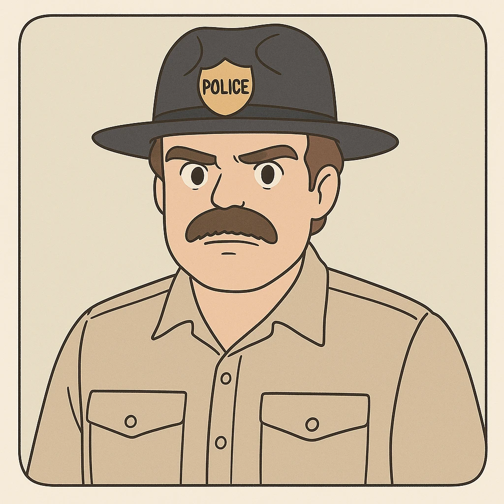 Jim Hopper from Stranger Things wearing a police hat, mustache, beige shirt, protective expression, simple line art, light pastel tones, thick outlines, in Ghibli style, 1:1 format, inspired by the provided references. emoji