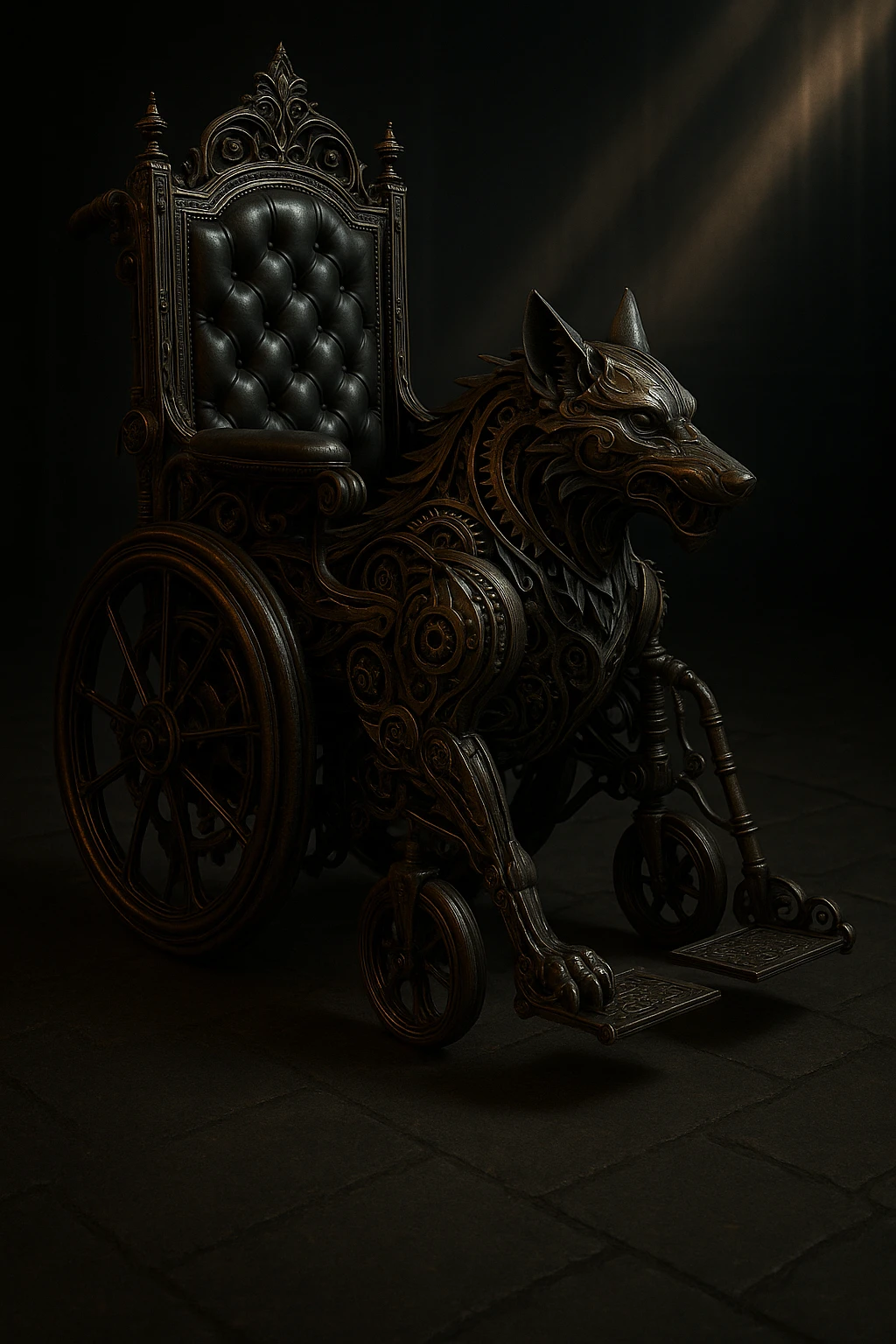 Add a gothic steampunk wolf detail to the wheelchair, keeping ornate gears, dark metal, Victorian details, and dramatic lighting. The style should evoke a dark, intricate, and mysterious gothic steampunk aesthetic with mechanical and Victorian elements. emoji