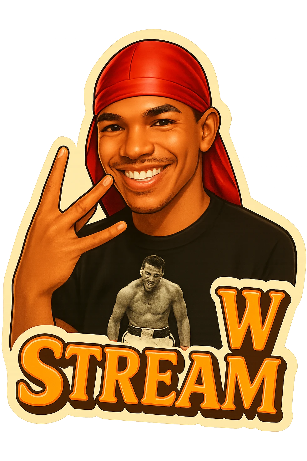 Make him Smiling 
Twist middle finger and ring finger crossed over to form a W
Change His durag To Red
Add the words W Stream emoji