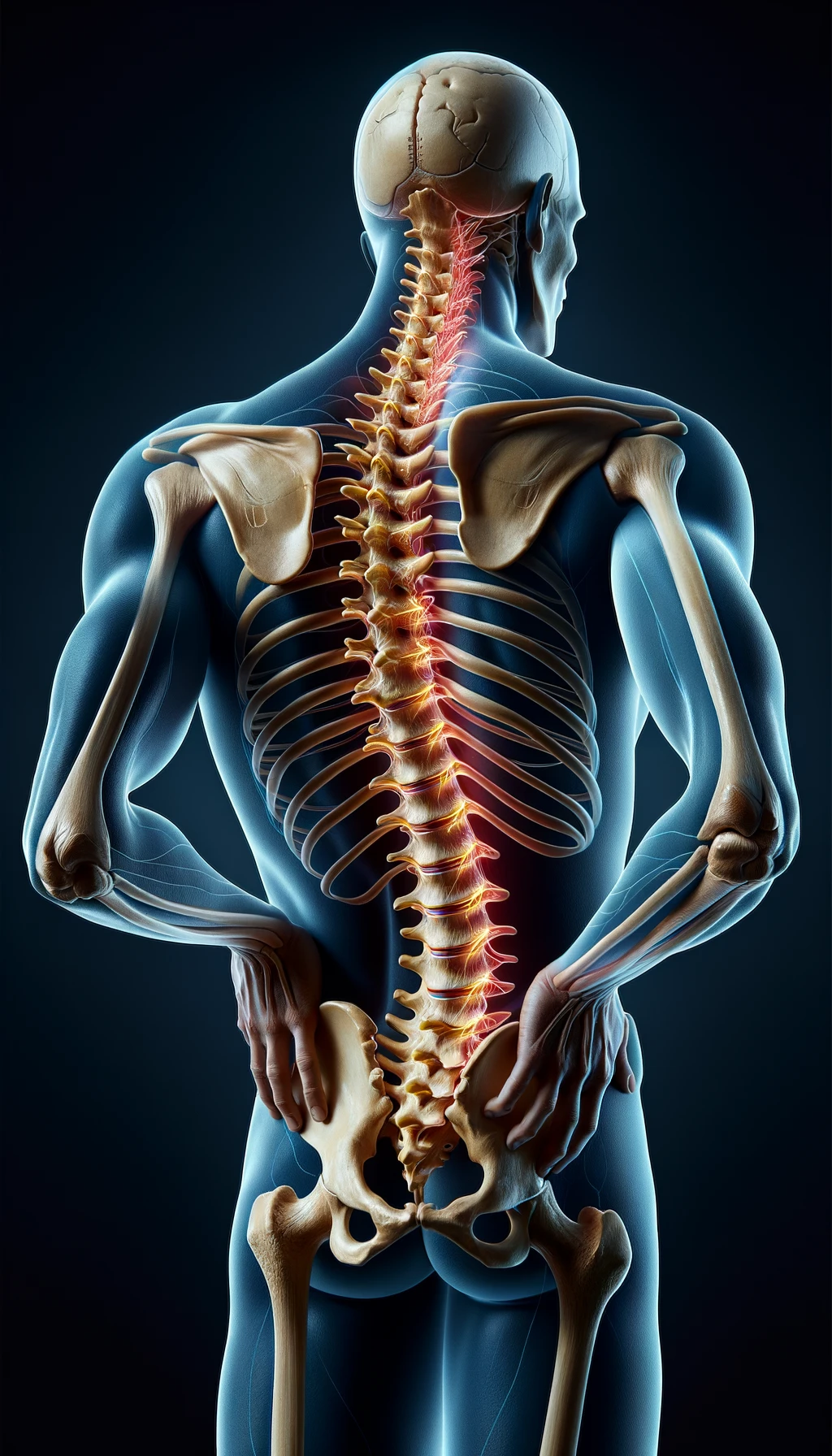 corpo umano anatomico di spalle con spina dorsale storta, dolore alla schiena e spina dorsale anatomica realistica, iperrealistico 4k emoji