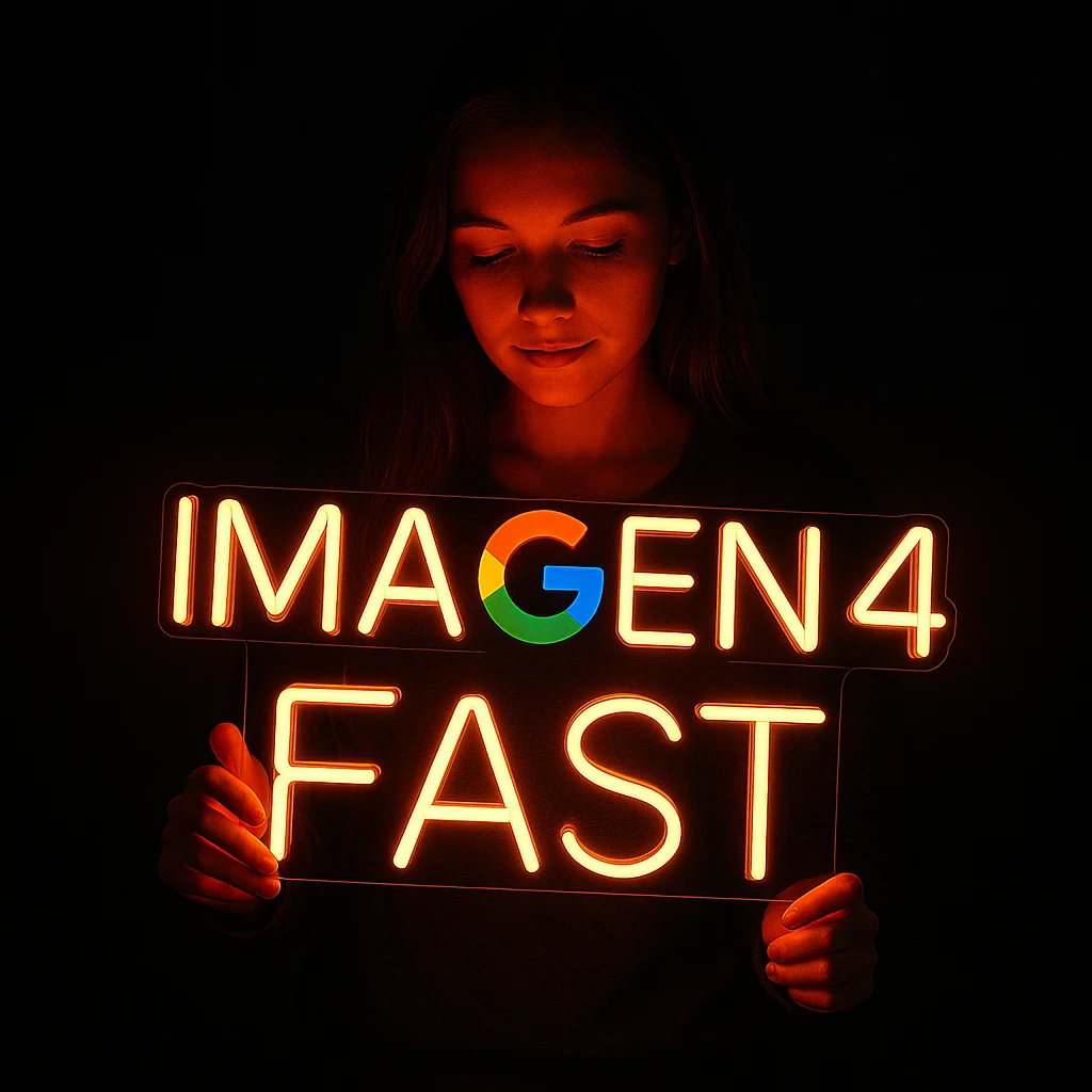 make a girl holding this sign, but sign in made of neon, also add fast below the sign emoji