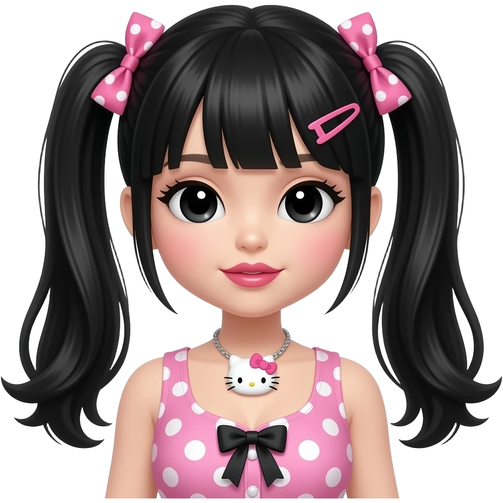 my melody hairclip, Doll faced shaped, hello kitty necklace, bimbo, black doll eyes, Big lips, black hair, pink polka dots with gyaru sleeveless shirt, with hime gyaru bows, big breast emoji
