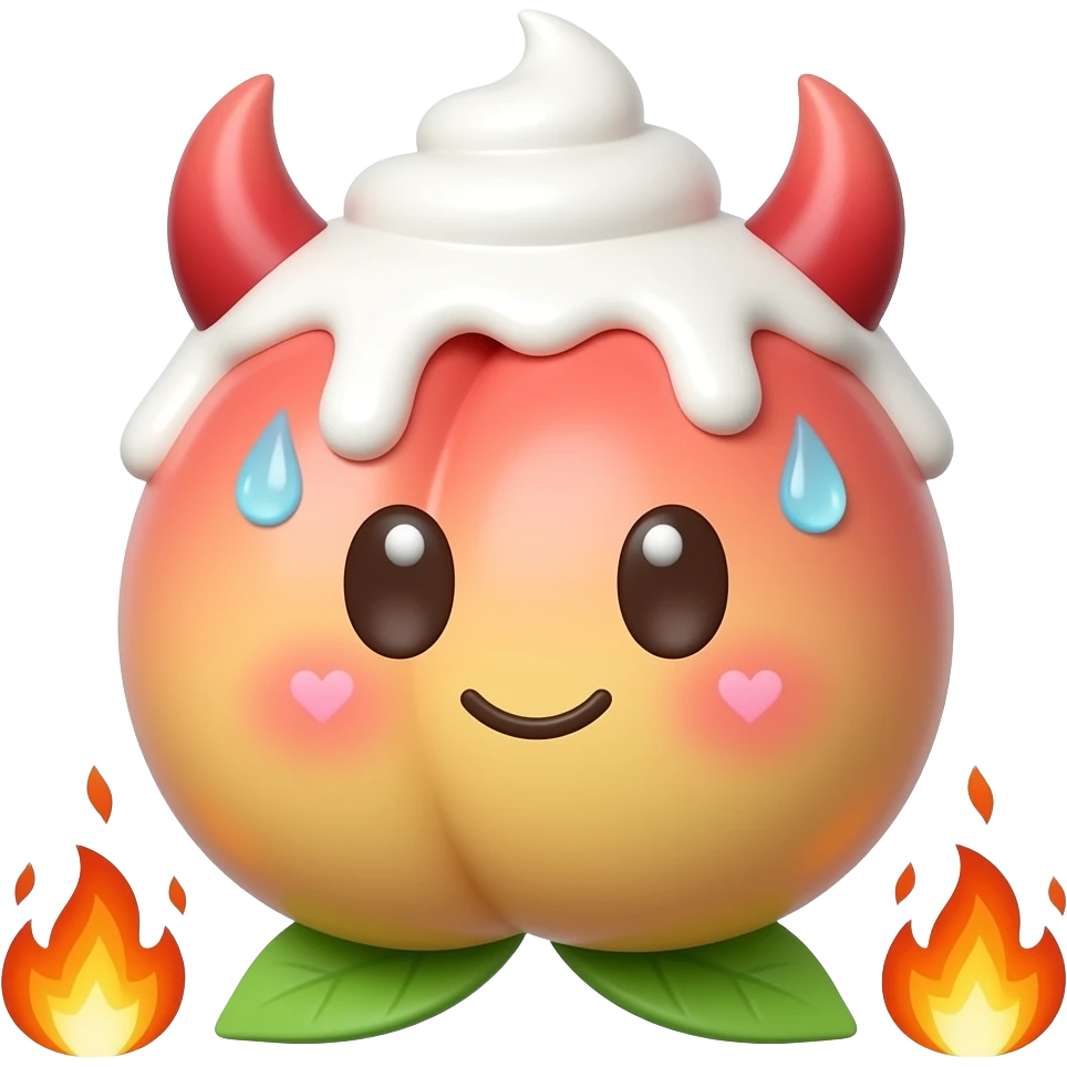 A glossy 3D peach emoji sticker covered with soft whipped cream, cheeky blushing face, tiny devil horns, sweat drops, hearts and small flames, playful forbidden-fruit dessert humor, suggestive but non-explicit adult emoji style, clean transparent background,  high quality, no text, no watermark emoji