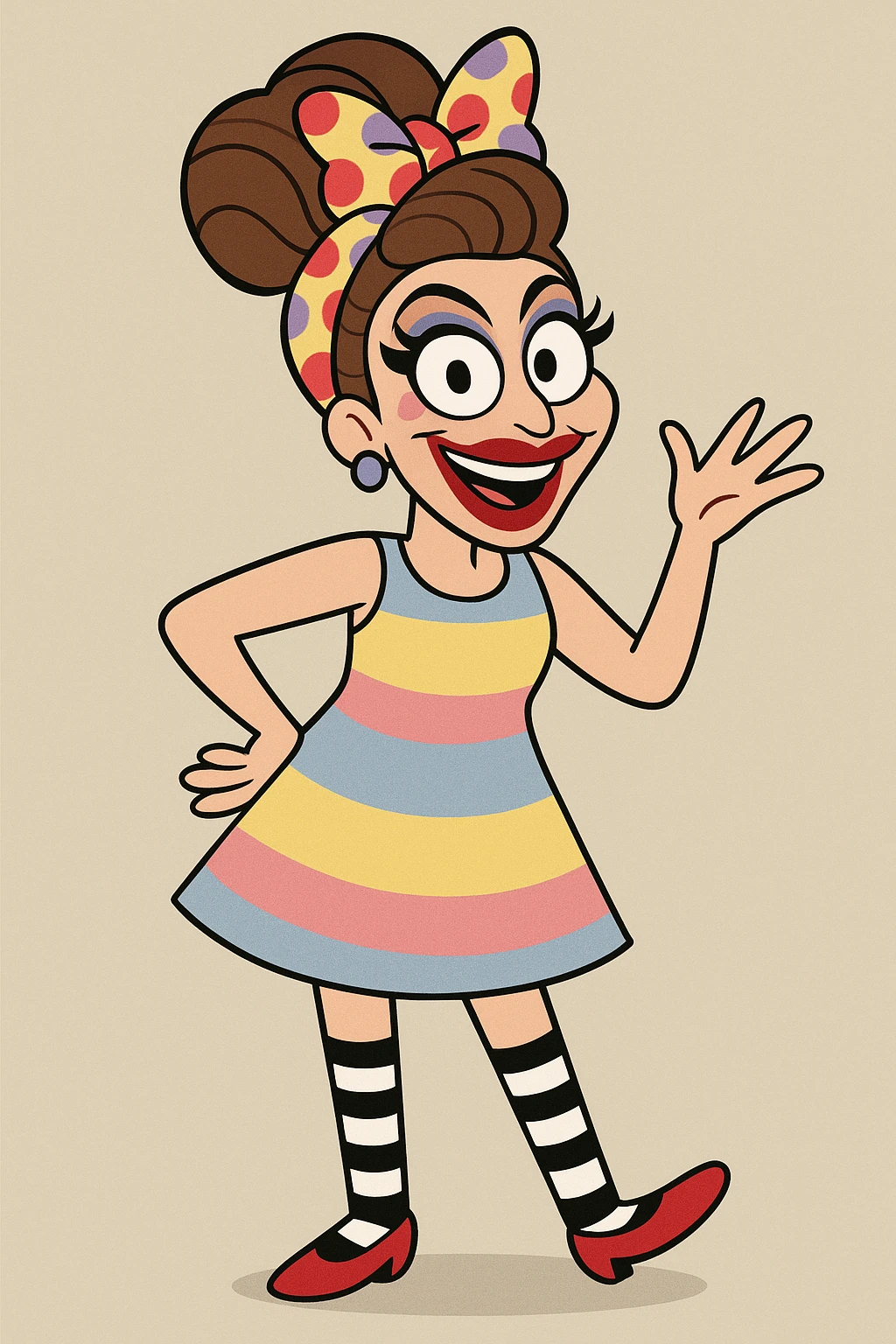 Bianca Del Rio red and purple spots hair ribbon yellow pink blue and Stripes dress black and white stripes socks red shoes  emoji