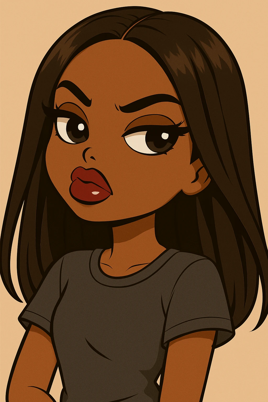Change her outfit to a more casual style, headshot only, 20-year-old anime Bratz style woman with dark skin, straight hair, big expressive eyes, glossy lips, no hat, no tears, confident and aloof expression, snooty attitude, nose turned up. Maintain the anime Bratz style and the described facial features and expression. emoji