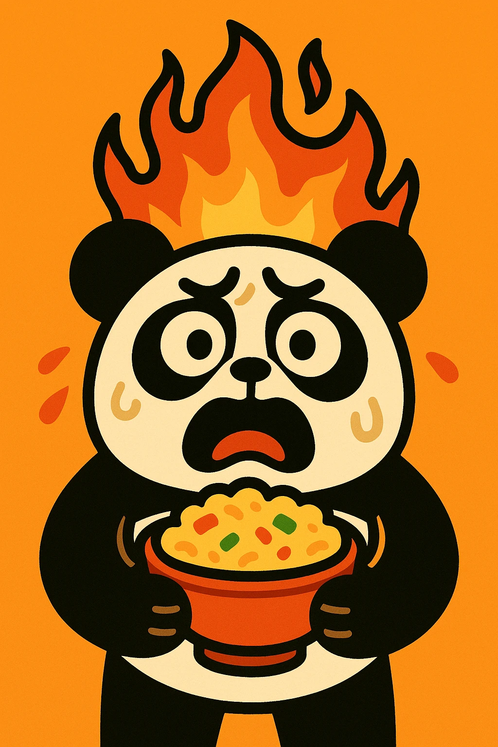 a distressed panda on fire clutching a bowl of food in a bold illustration style emoji