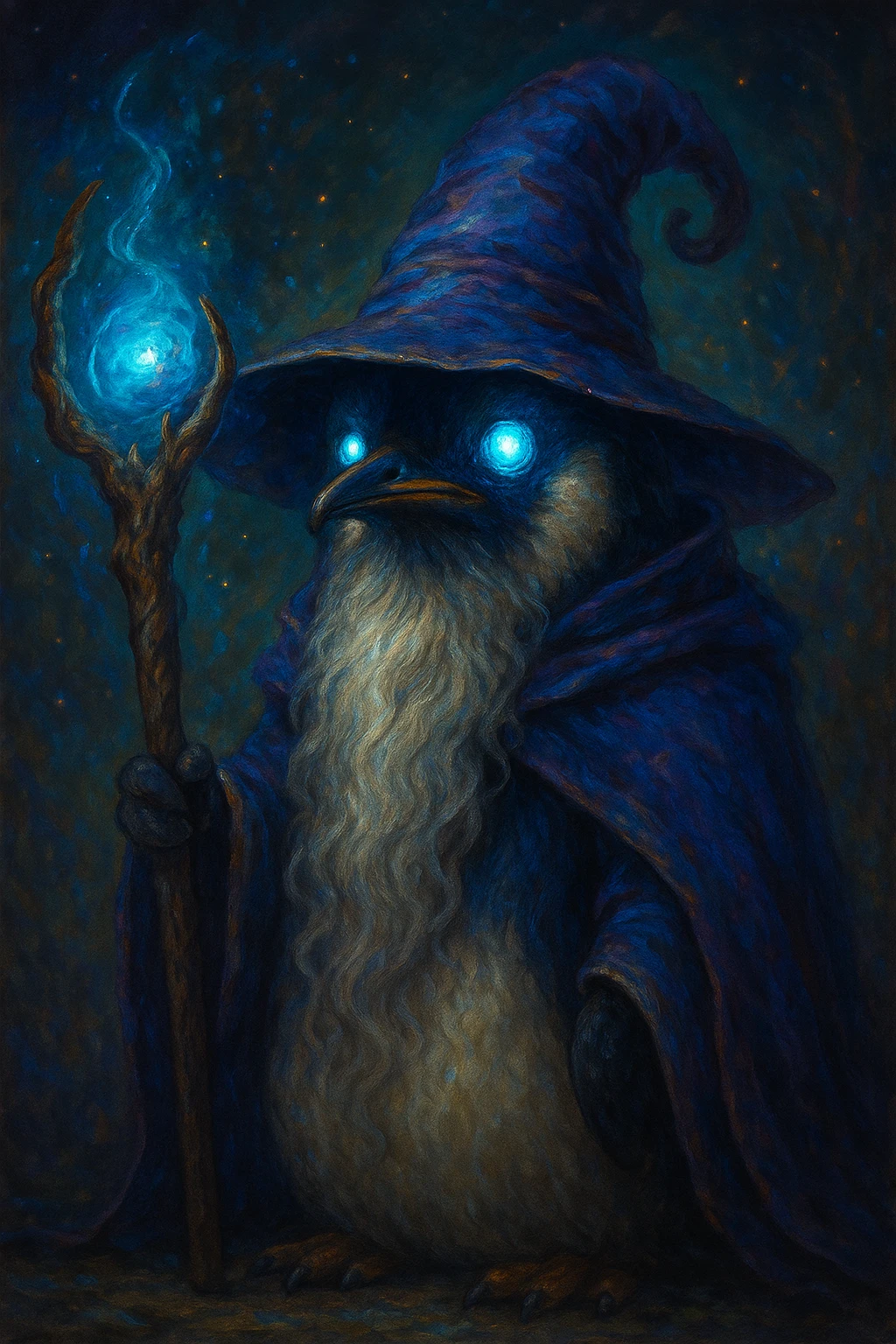 fantasy illustration of a penguin wizard with a long beard, mystical staff, and glowing eyes emoji