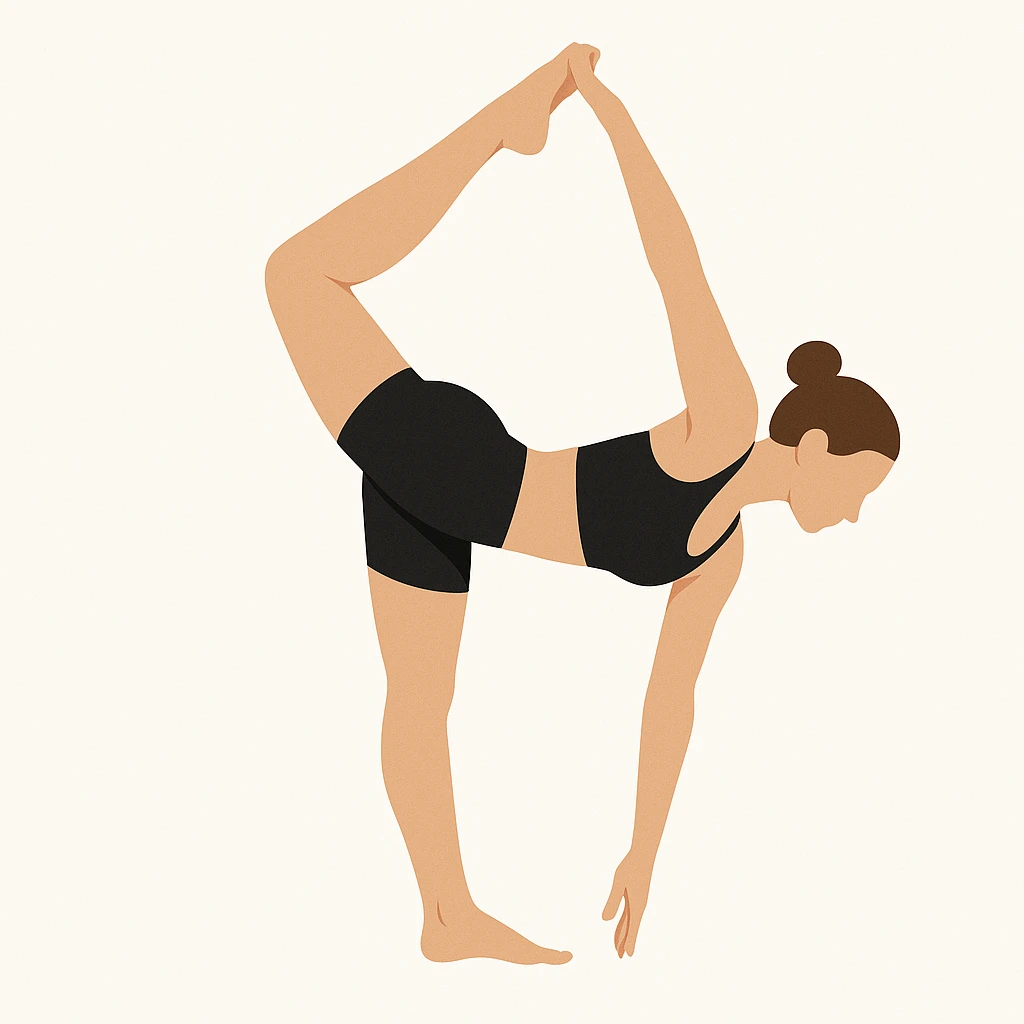 Minimalist flat vector illustration of a woman doing yoga in forward fold pose (Standing Bow Pulling), wearing sportswear (black top and black shorts), brown hair in a bun, clean white background, no face details, elegant style emoji
