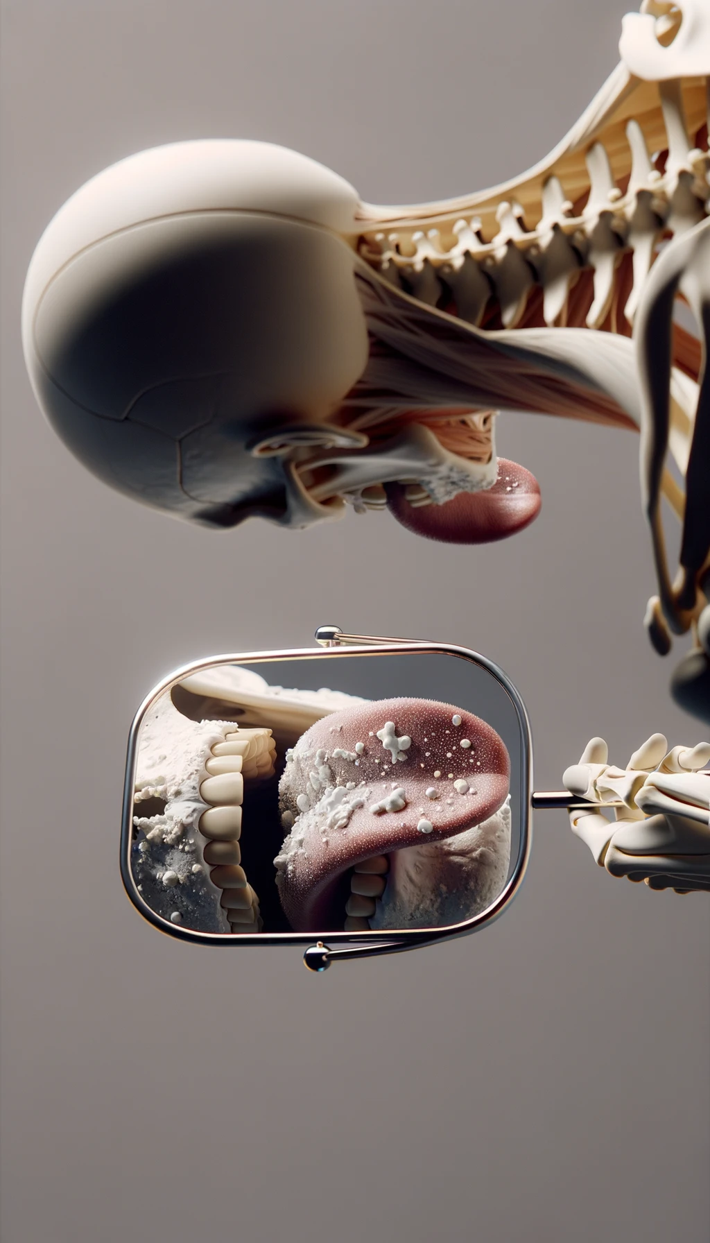 CORPO UMANO ANATOMICO IN PIEDI CHE SI GUARDA LA LINGUA ALLO SPECCHIO , TIENE LA LINGUA FUORI E LA LINGUA è PIENA DI MACCHIE BIANCASTRE, NEUTRAL CLEAR BACKGROUND, iperrealistico 4k emoji