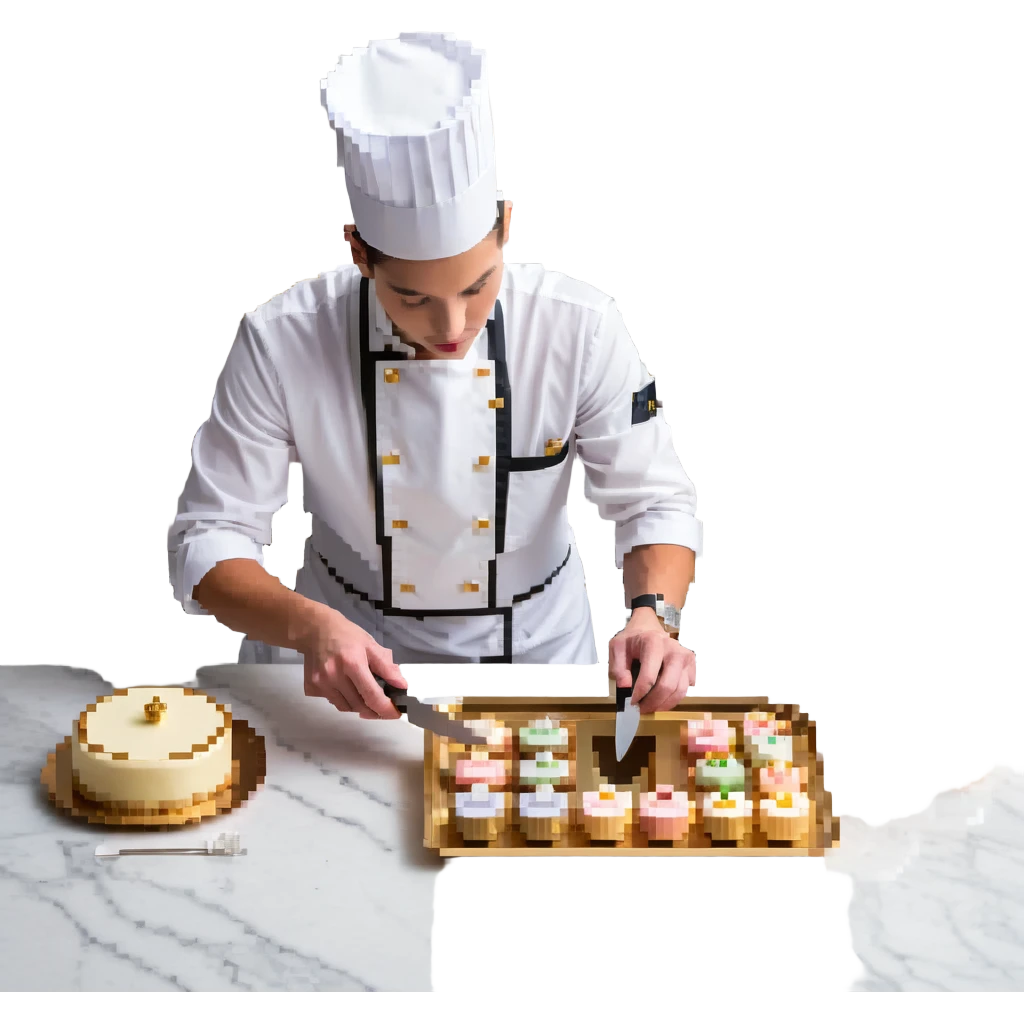 An elegant master baker in a pristine patisserie. He works atop a polished marble counter with porcelain molds and gold-trimmed tools. The interface mimics porcelain scrollwork, with soft pastel colors and delicate ceramic textures. emoji