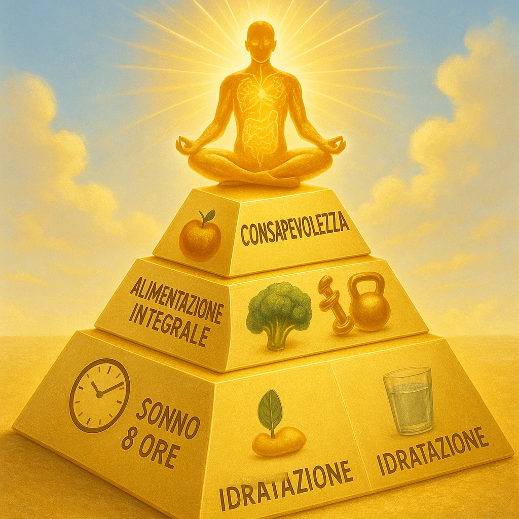 Golden layered pyramid representing health hierarchy: Base layer with icons for 8 hours sleep and hydration, middle layer with whole foods and functional training, top layer with mindfulness and social connection. At the top, a radiant figure meditating, body depicted as a glowing map of neurotransmitters and healthy gut flora. Include Italian text labels for each layer and concept. Hyperrealistic style, bright and positive atmosphere. emoji