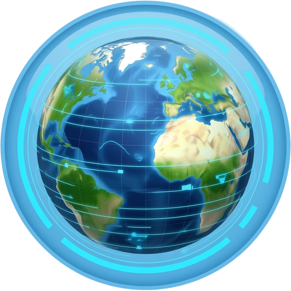 A futuristic HUD showing planet earth and data emoji
