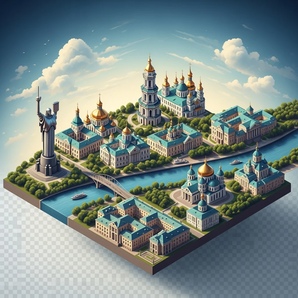 Isometric illustration of photorealistic Kyiv, balanced between paint stylized and realistic, 3D miniature effect, transparent background. emoji
