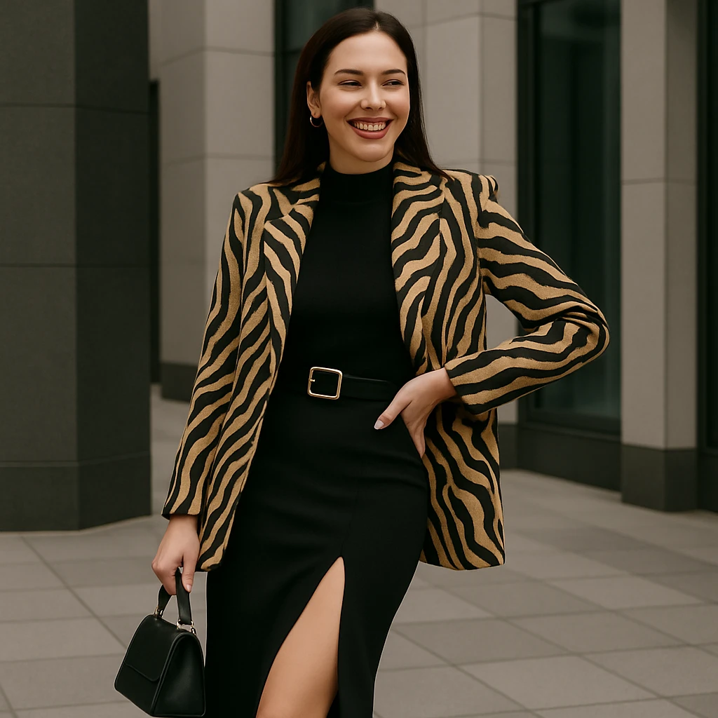 Make the woman smile while keeping her high-fashion look. Maintain thin eyebrows, straight dark hair, big lips, and a shapely figure. Preserve the overall elegance and style of the image. emoji