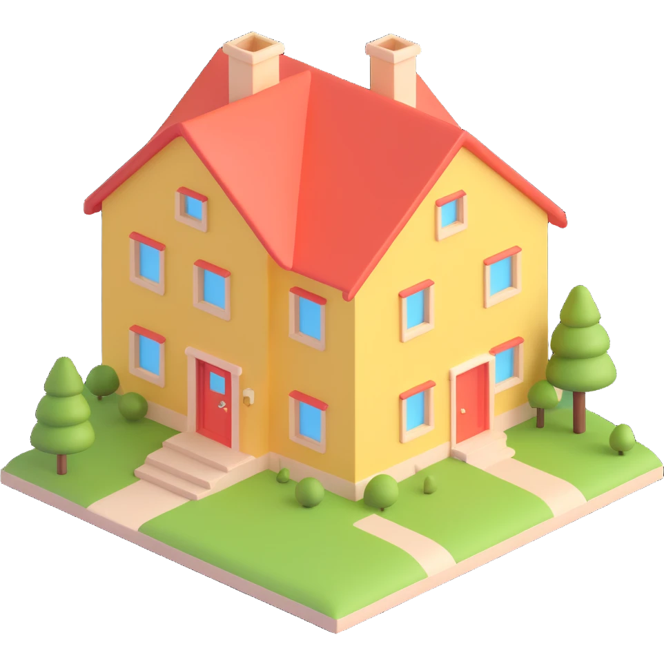realistic 3D house, detailed and modern, visible windows, doors, sloped roof emoji