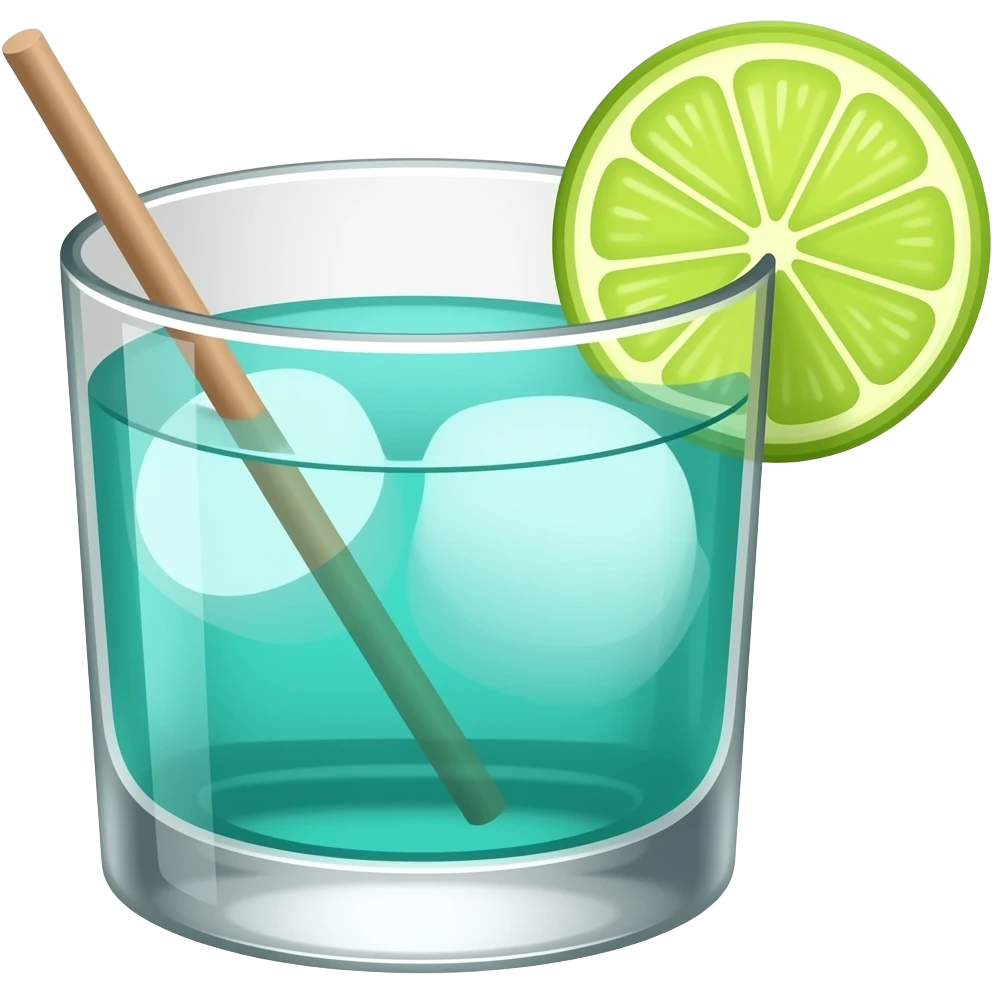 turquoise colored cocktail in on the rocks glass with  thin swizzle stick no lemon or lime emoji