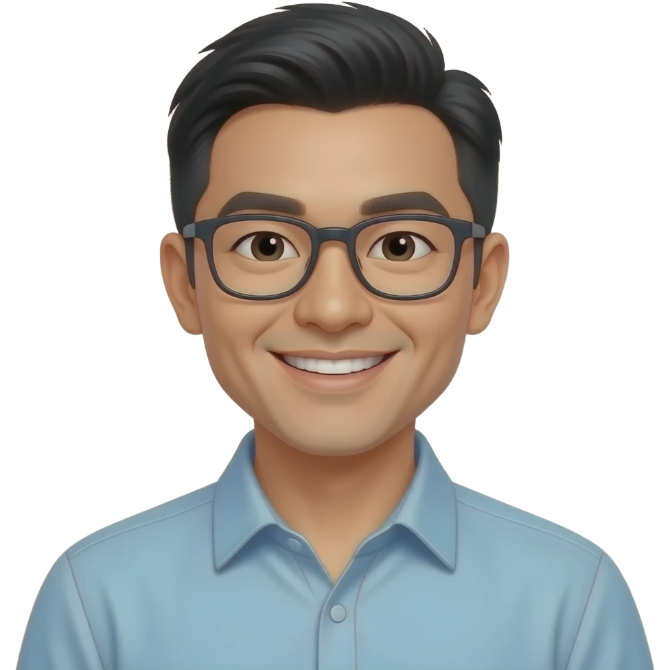 An emoji showing only the bust of a cheerful-looking Asian man in his early 30s wearing glasses and smiling emoji