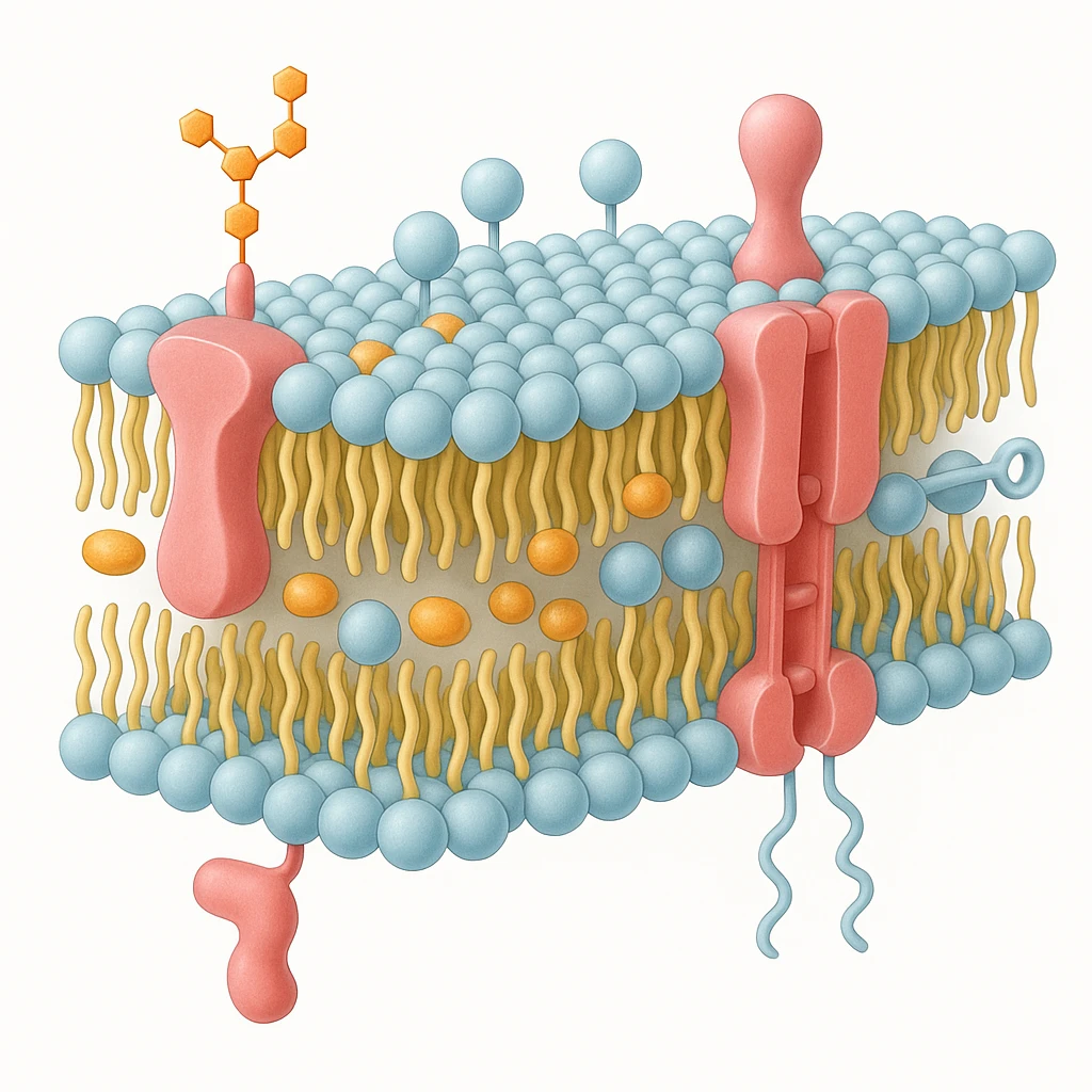 A highly detailed, scientifically accurate cross-section of a biological cell membrane (lipid bilayer) on a white background, ultra-realistic 3D illustration. Show the phospholipid bilayer with hydrophilic heads (round, polar) facing outward and hydrophobic tails (chains) inside. Include embedded proteins (integral and peripheral), cholesterol molecules (small, rigid), glycoproteins with sugar chains, and ion channels. The style should be clean, lab-textbook style, with subtle shadows and depth. Use a color scheme: light blue for hydrophilic heads, yellow for hydrophobic tails, red/pink for proteins, and orange for cholesterol. Microscope-like precision, no artistic stylization. emoji