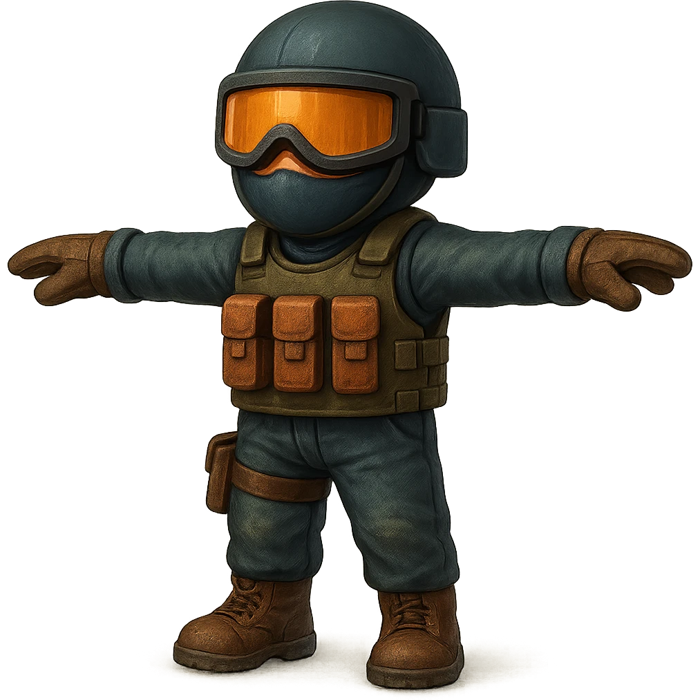Make this Counterstrike player model in T-pose look a little more realistic while keeping the style close to the original. No background, suitable for Discord. Maintain the original style's look but enhance realism subtly. emoji
