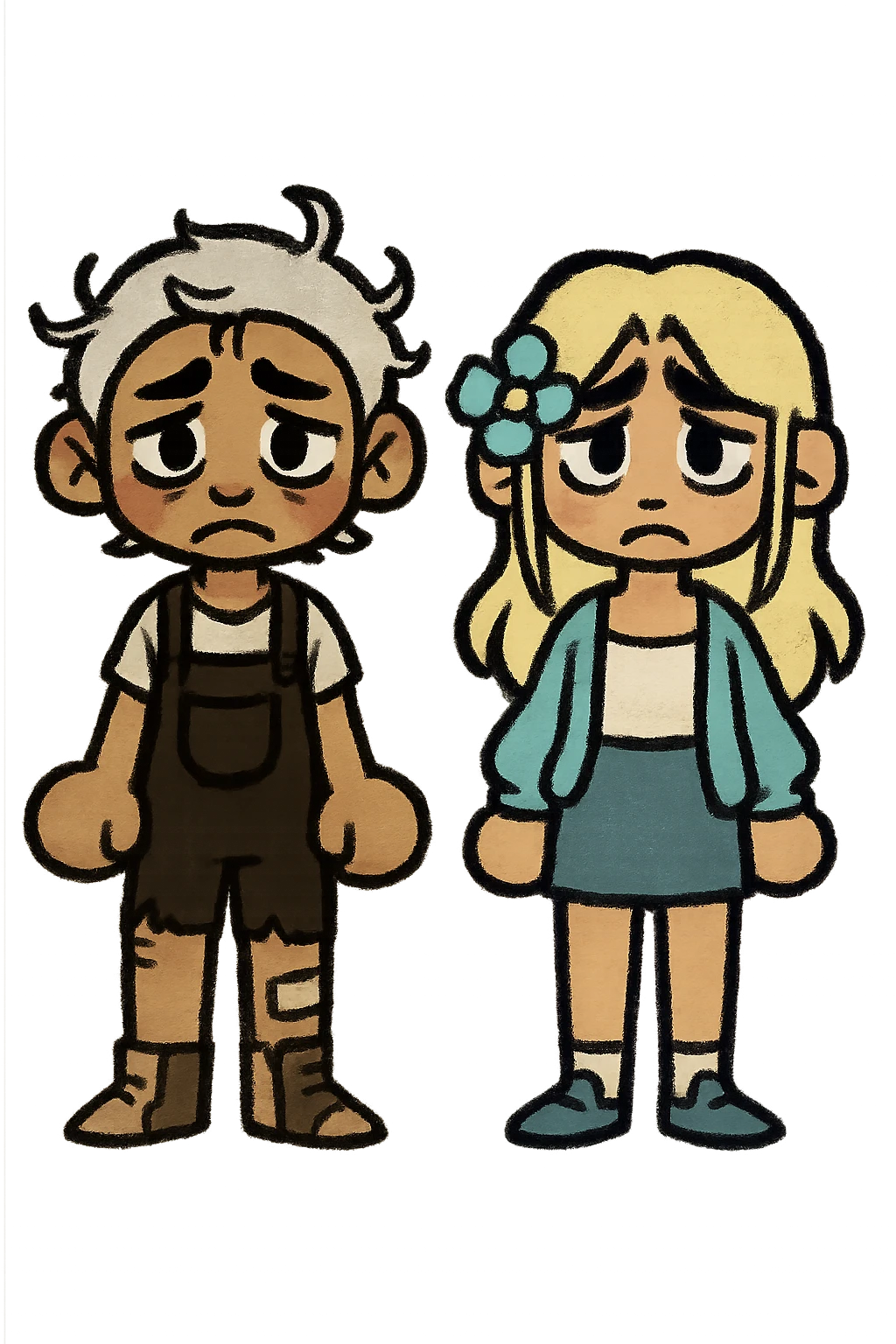 Create a couple image of these two cartoon characters standing side by side, both with sad expressions, matching their style, transparent background. emoji