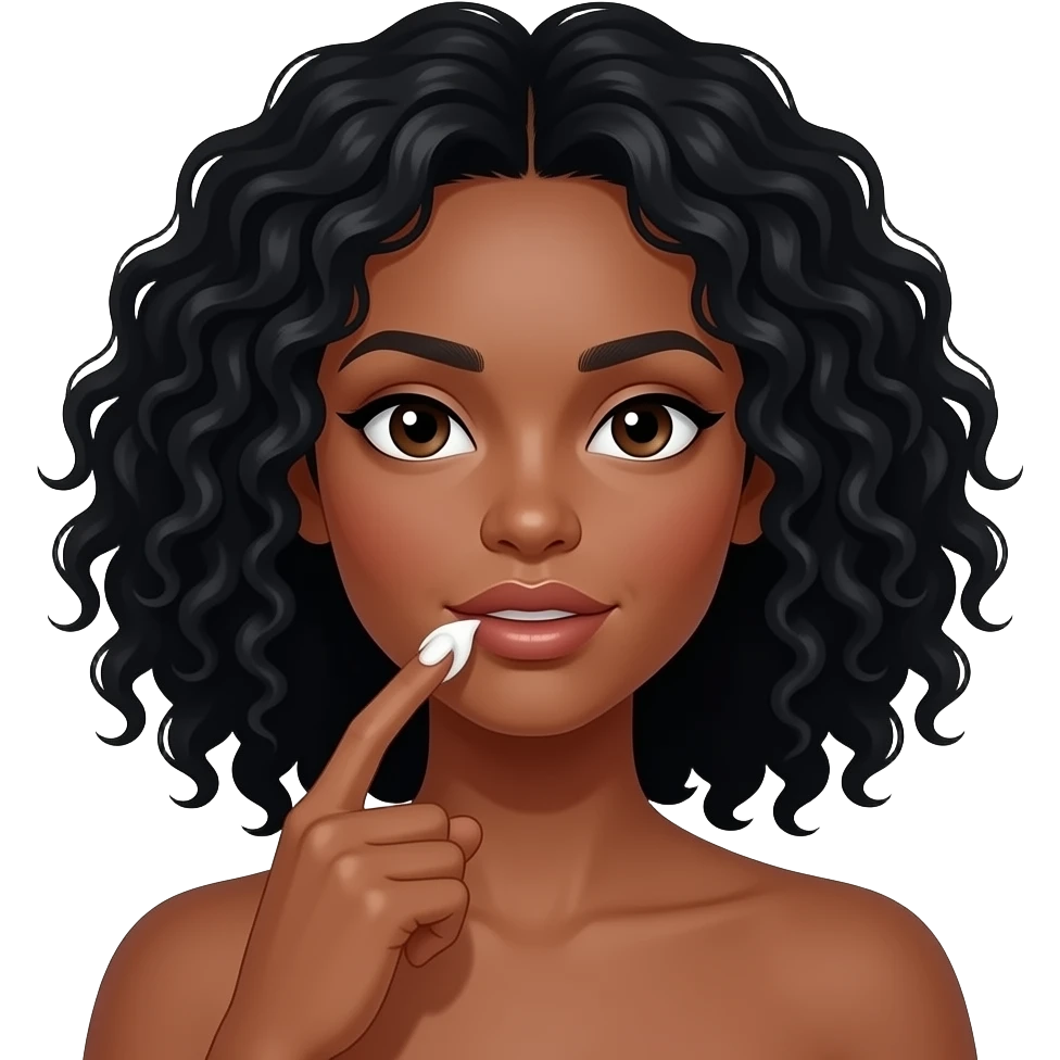 Medium dark skinned woman with black curly shoulder-length hair spreading cream above hermouth with her finger. emoji