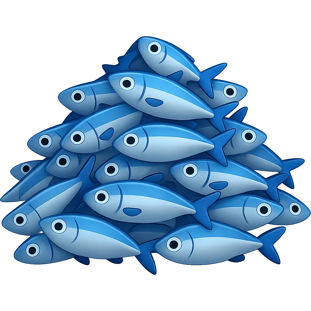 Create a large, loosely pyramid-shaped pile of blue fish in the style of iPhone Apple emojis, blending between 2D and 3D appearance, with a transparent background, variation 3. emoji