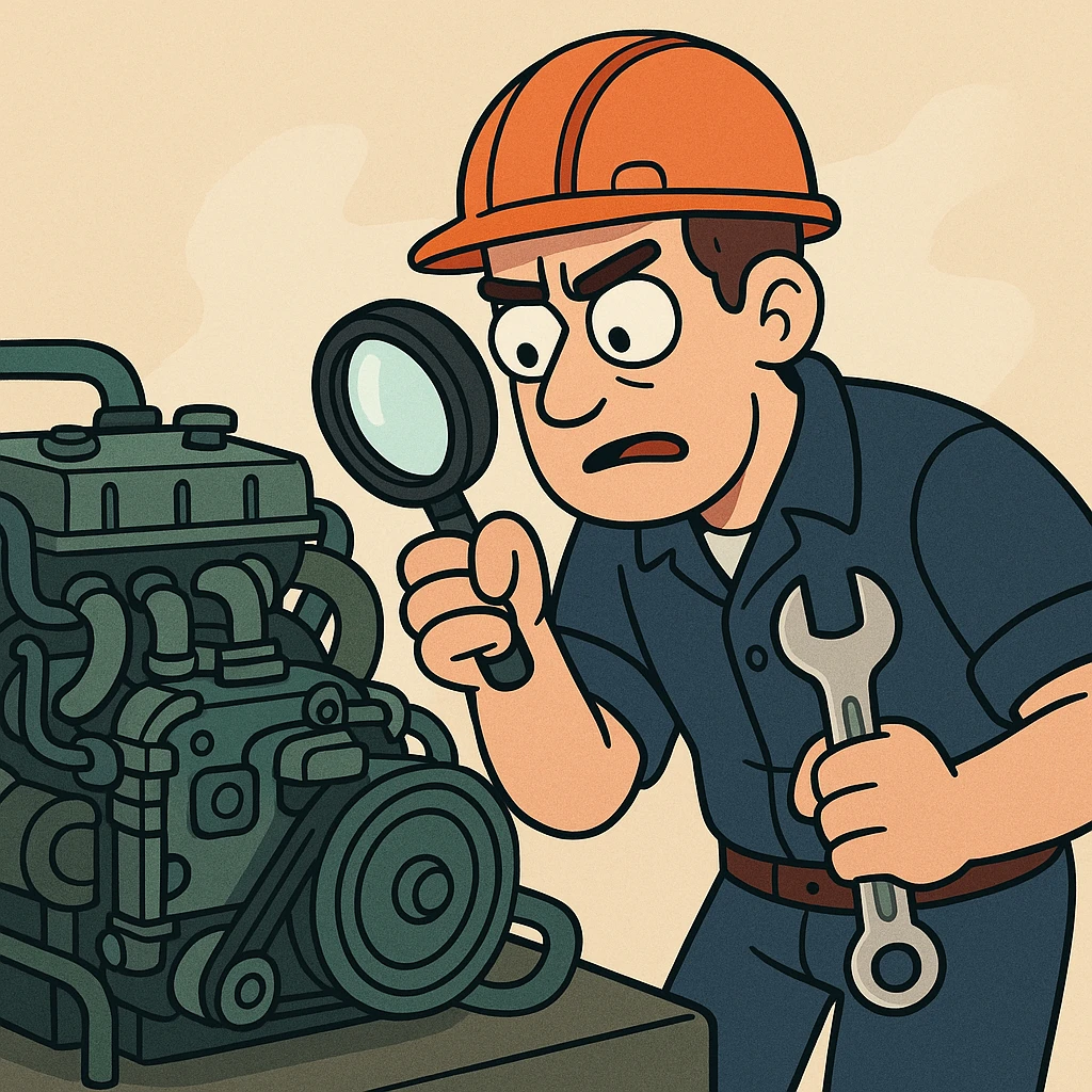 cartoon illustration of machine maintenance, a technician with helmet inspecting an engine, vibrant colors emoji