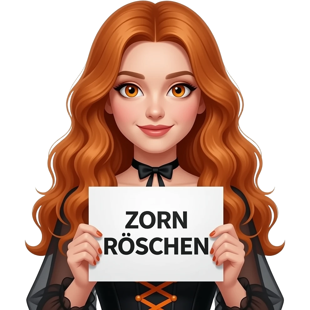 sexy girl with long wavy ginger hair and ginger eyes wearing a halloween dress is holding a white colored sign with ZORN RÖSCHEN written on it emoji