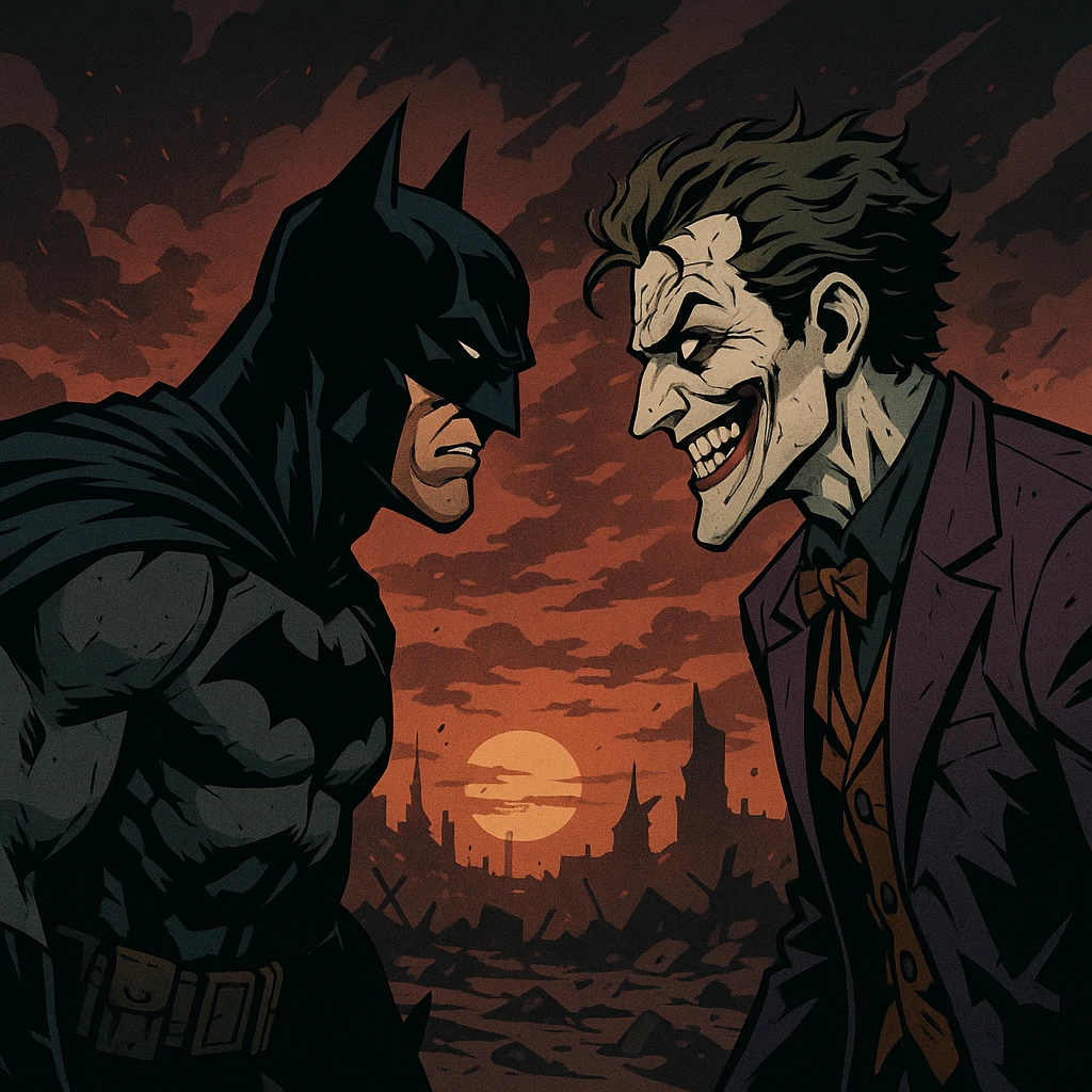 vector art of batman and joker, battleground background 
 emoji