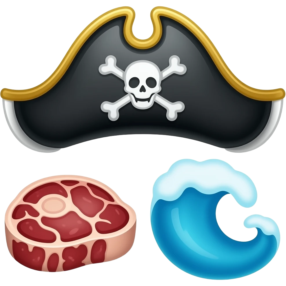3D anime icons of pirate hat, meat steak, ocean wave, vibrant colors, soft lighting, glossy material, centered composition, clean background, consistent style, high quality, 4K emoji