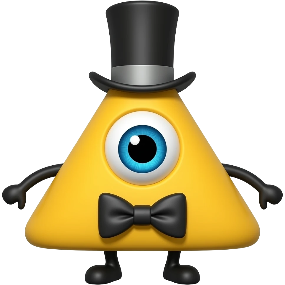 A yellow triangle with NO MOUTH, an eye, bow tie, little pitch black arms, little pitch black legs and a top hat that looks like an upside down T emoji