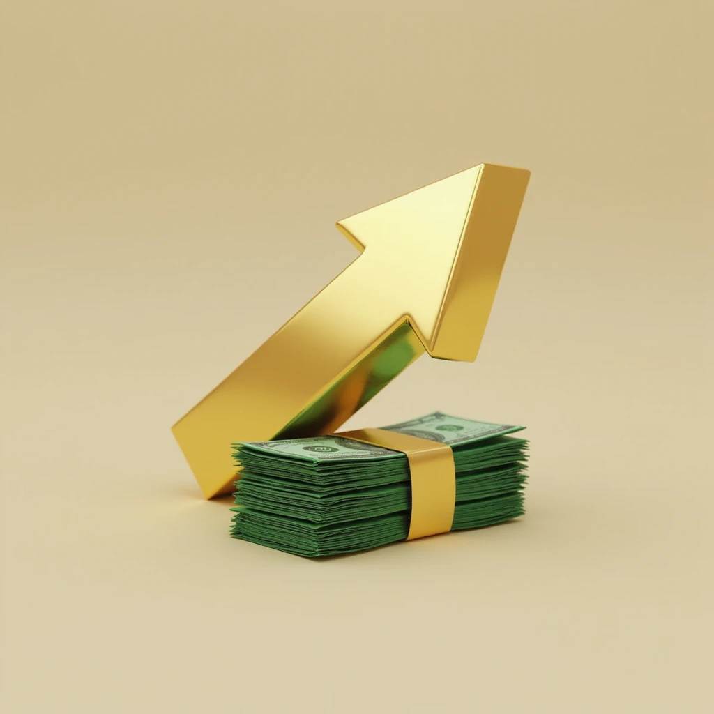 shiny, photorealistic 3D golden arrow pointing right with a stack of green bills beside it emoji