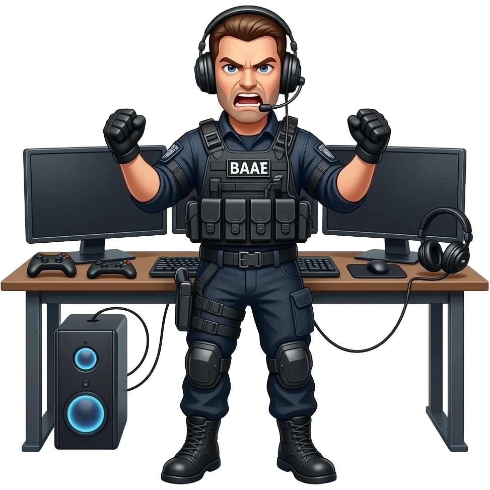 A swat guy that is rageing at a gaming set up emoji