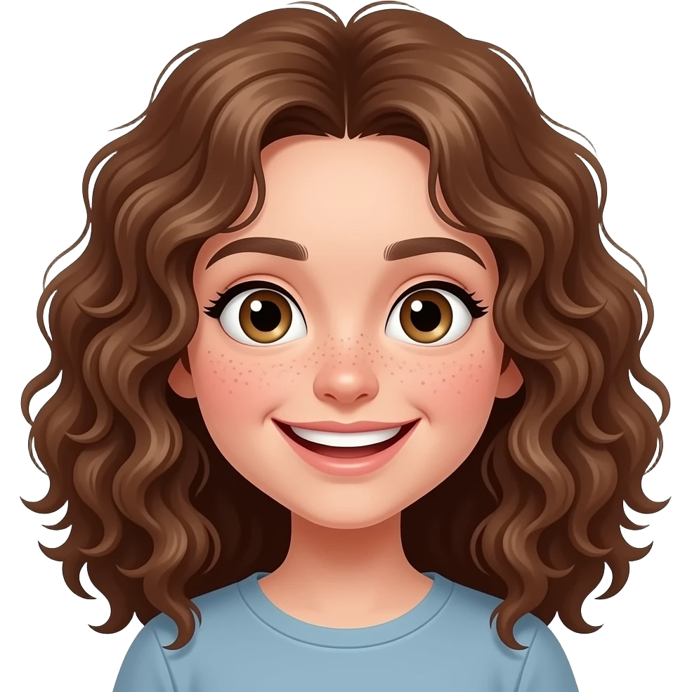 Brown hair wirh curls with a bif creepy smile with freckles girl emoji