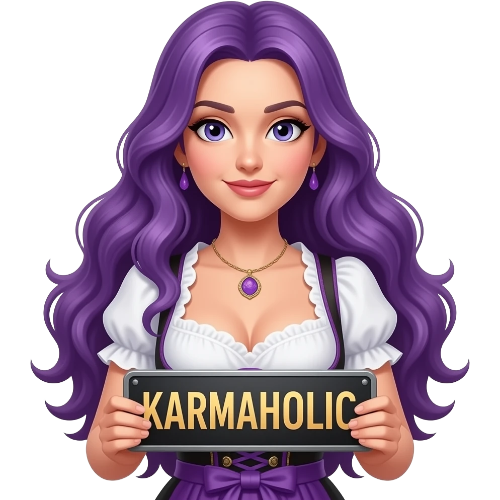 sexy girl with long purple hair wearing a dirndl holding a KARMAHOLIC sign emoji