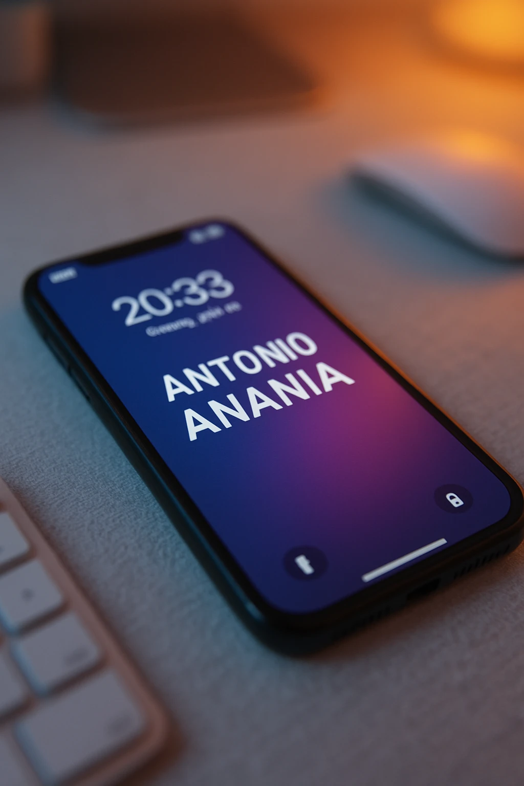 A photo of an iPhone on the desk with the message "Antonio Anania" on its screen, The phone sits atop a desk with a blurred background that suggests work environment. A faint glow from above casts gentle shadows across the surface of each object, creating depth and highlighting their textures emoji