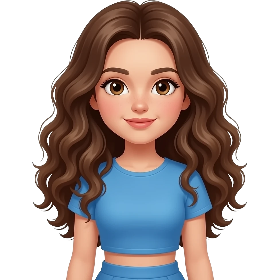 Make a girl within a crop top that is blue in a blue outfit with real long curly brown hair with brown eyes emoji