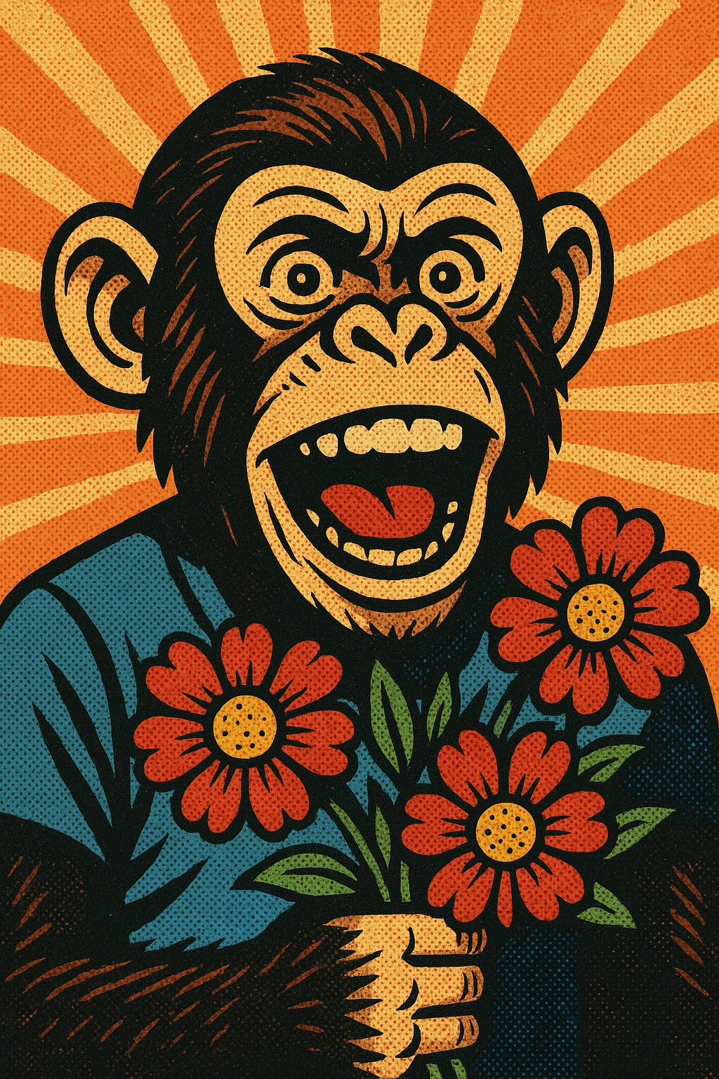 front view,  monkey with flowers, bust up emoji