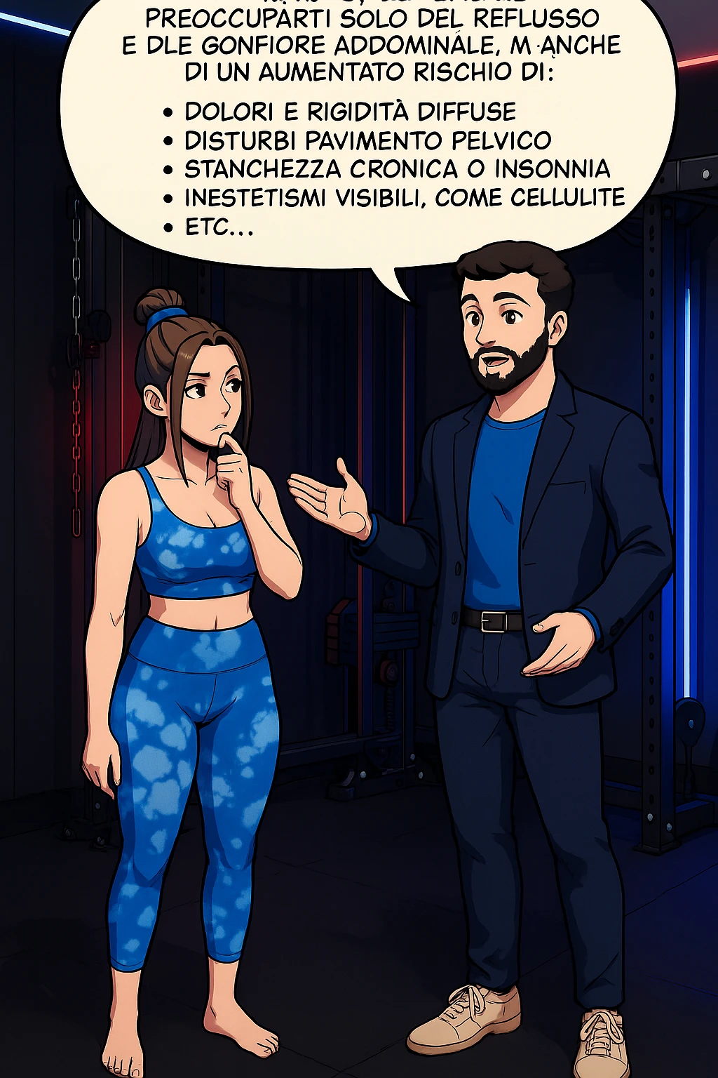 TRASFORMA QUESTO CAROSELLO IN UN FUMETTO STILE WEBTOON/MANGA A COLORI CON QUESTE DUE PERSONE IDENTICHE CHE INTERLOQUISCONO TRA LORO, L'uomo sta spiegando alla donna questo concetto MENTRE LA DONNA SI TIENE L'INDICE SUL MENTO ASCOLTANDOLO PENSIEROSA:

Se hai un problema di baricentro, inoltre, non dovresti preoccuparti solo del reflusso e del gonfiore addominale, ma anche di un aumentato rischio di:
    • dolori e rigidità diffuse
    • disturbi pavimento pelvico
    • stanchezza cronica o insonnia
    • inestetismi visibili, come celluluite
    • etc… emoji
