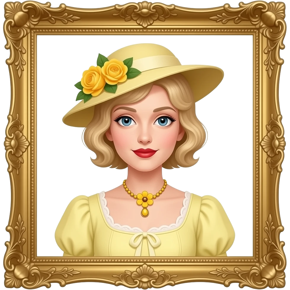 Victorian look with blonde short tight curls bob hair side swept in a light yellow Victorian dress, antique yellow flowers necklace and light yellow Victorian hat with flowers, red lipstick and antique gold frame emoji