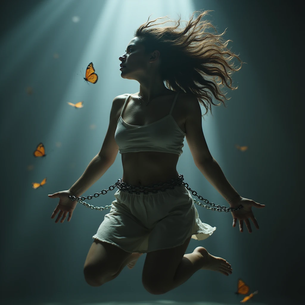 A hyperrealistic 4K image of a woman floating with wild and tense hair, chains of anxiety binding her limbs, anxious and desperate expression, butterflies unable to escape, dramatic lighting, scene full of anxiety. emoji