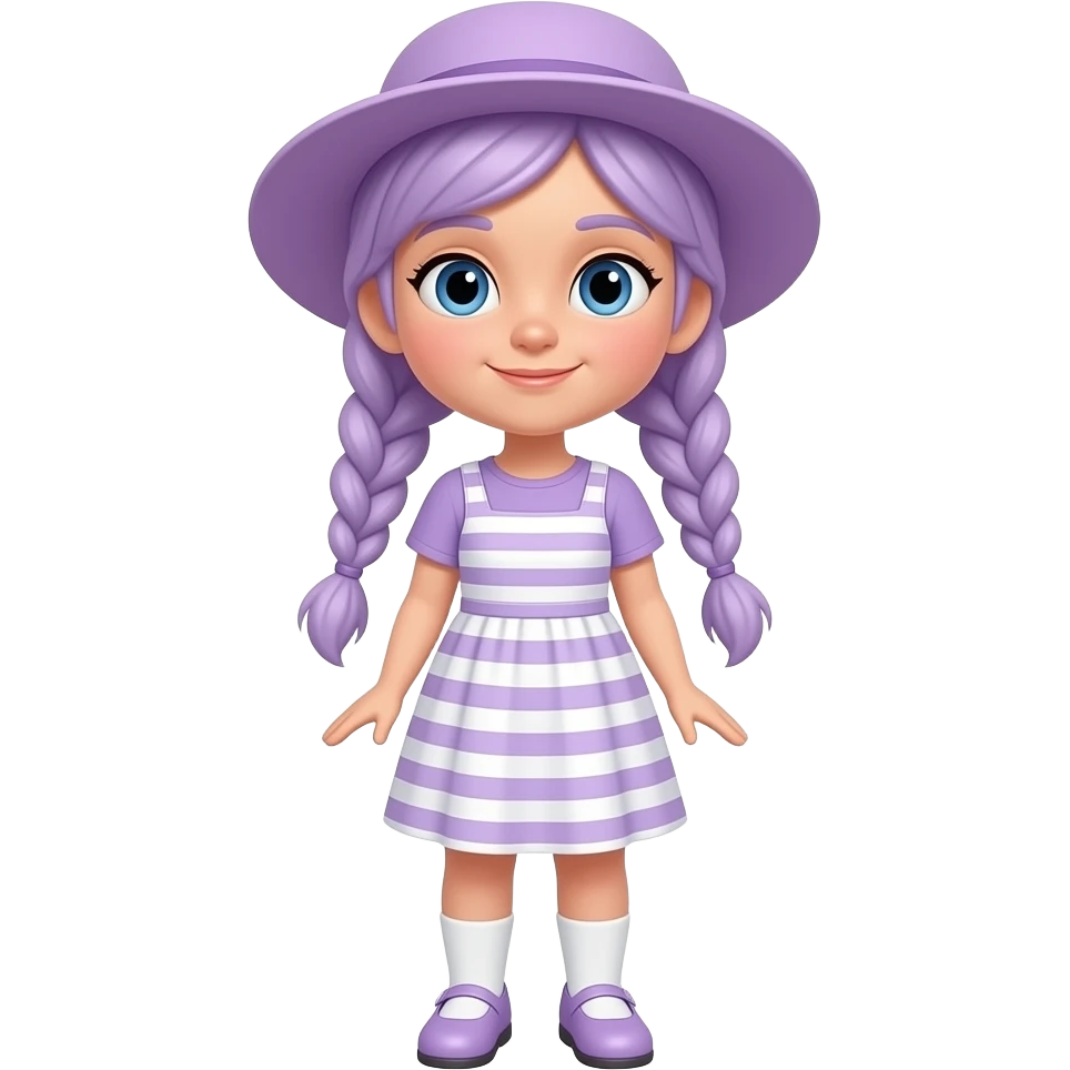 A white/fair skinned girl with pale purple hair tied in two braids, and blue eyes and wearing a pale purple and white striped dress, (pale purple top), a pale purple sun hat, white socks and pale purple shoes. emoji