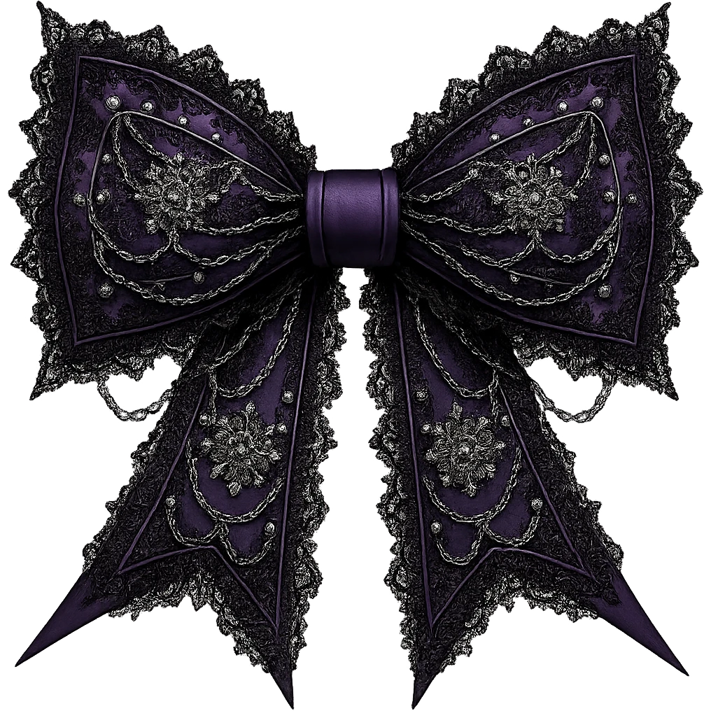 Make the purple gothic bow even more dramatic: larger, with exaggerated pointed ends, extra lace, and ornate silver chains. Keep the background transparent. Maintain the gothic style and intricate details. emoji