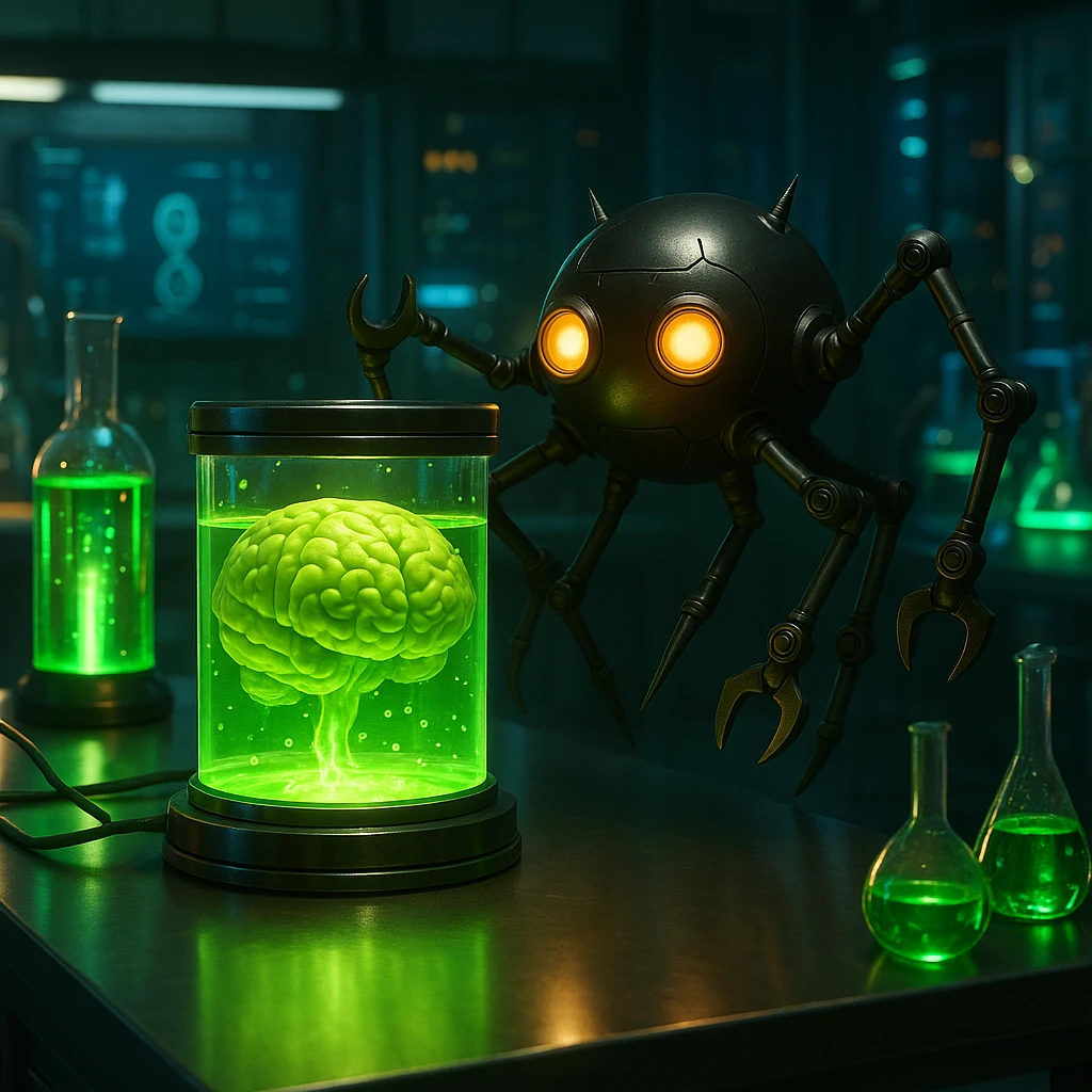Lighten the genetics lab scene, add glowing scientific equipment and a brain floating in glowing green liquid. Make the scene more realistic with detailed lighting and reflections, emphasizing a realistic style with intricate light play and reflections. emoji